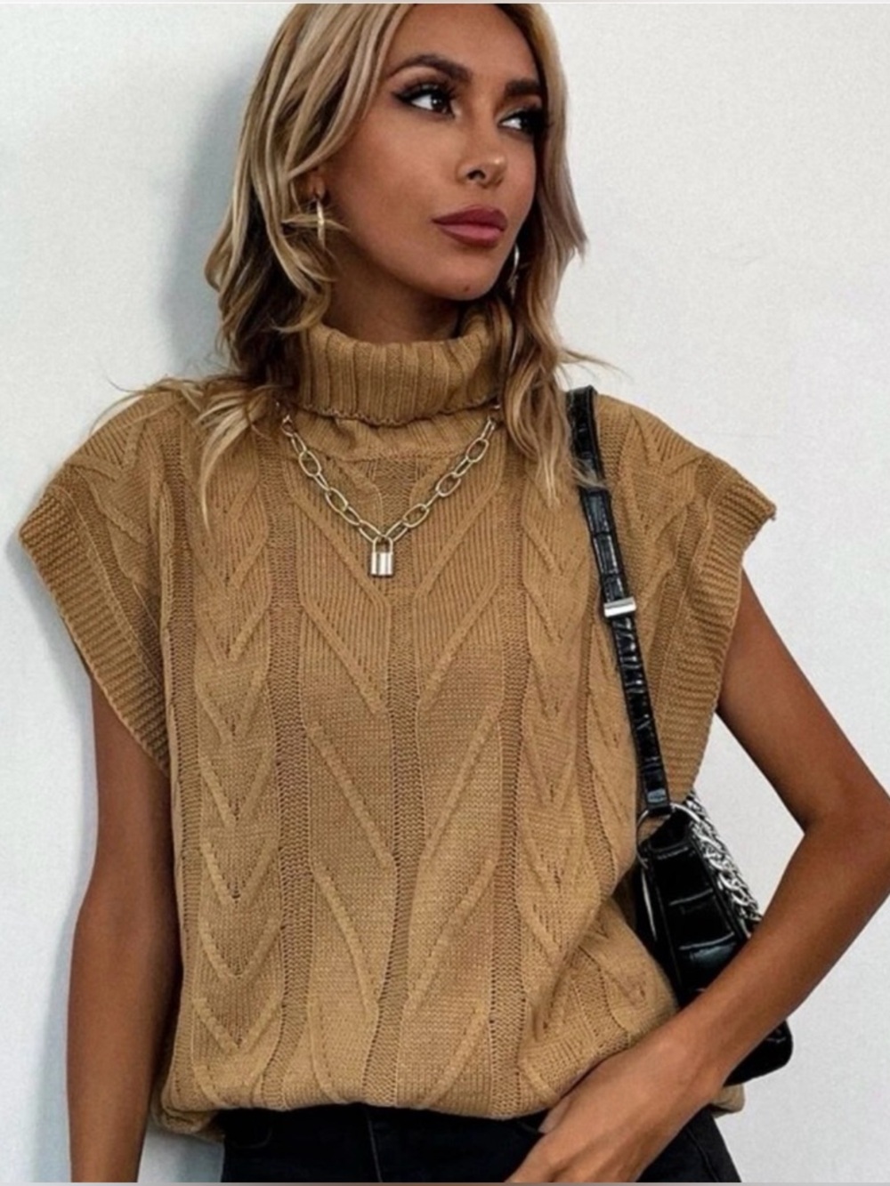 SHEIN Tan Khaki Sleeveless Sweater Turtleneck Knit Vest Sz M